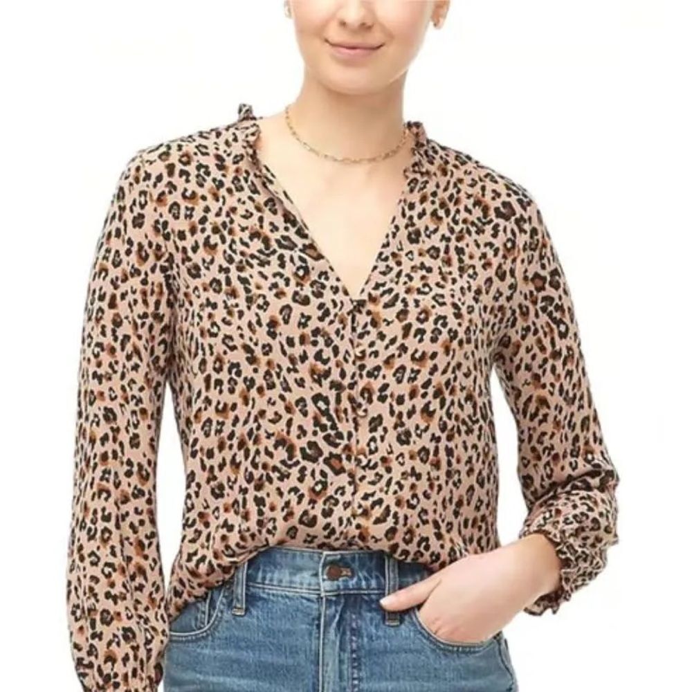 J. Crew Printed Ruffleneck Button-Up Top leopard print size small